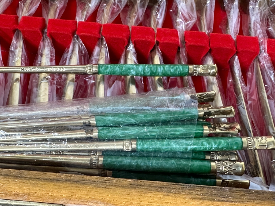 Huge Set Of Thailand Brass Bronze Flatware All New / Sealed Except Ones Shown In Photos With Wooden Storage Box - 122 Pieces 18.5W X 18D X 4H [Photo 12]