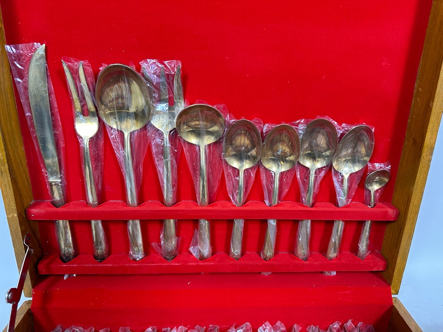 Huge Set Of Thailand Brass Bronze Flatware All New / Sealed Except Ones Shown In Photos With Wooden Storage Box - 122 Pieces 18.5W X 18D X 4H [Photo 8]