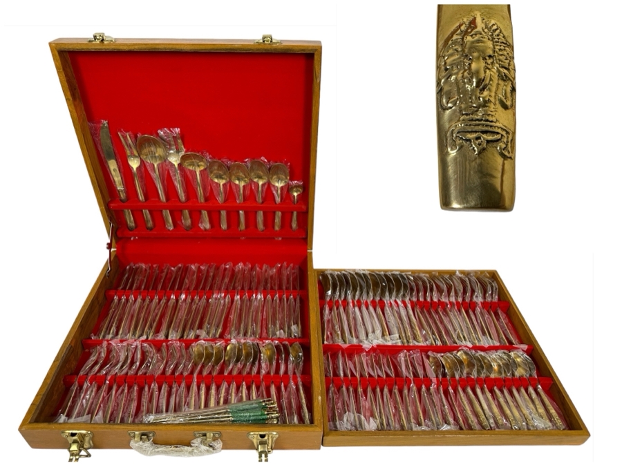 Huge Set Of Thailand Brass Bronze Flatware All New / Sealed Except Ones Shown In Photos With Wooden Storage Box - 122 Pieces 18.5W X 18D X 4H