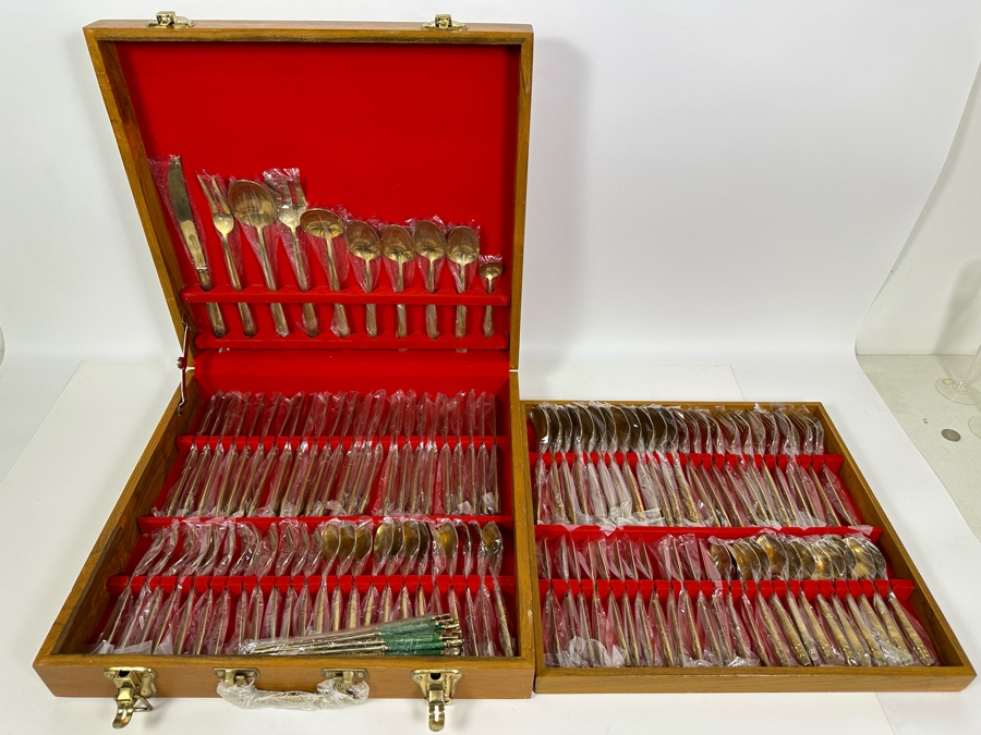 Huge Set Of Thailand Brass Bronze Flatware All New / Sealed Except Ones Shown In Photos With Wooden Storage Box - 122 Pieces 18.5W X 18D X 4H [Photo 3]