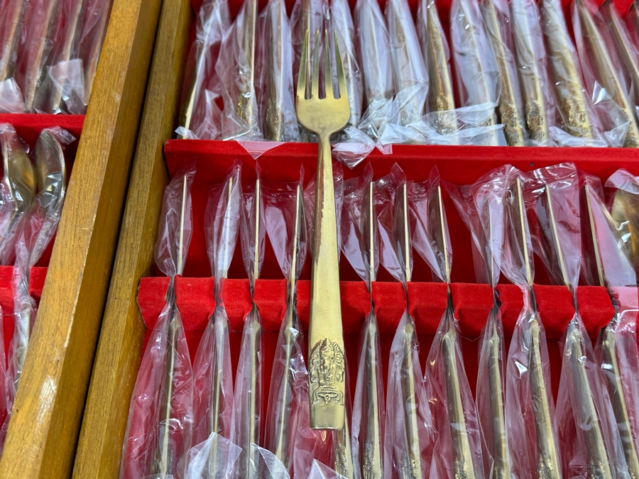 Huge Set Of Thailand Brass Bronze Flatware All New / Sealed Except Ones Shown In Photos With Wooden Storage Box - 122 Pieces 18.5W X 18D X 4H [Photo 10]