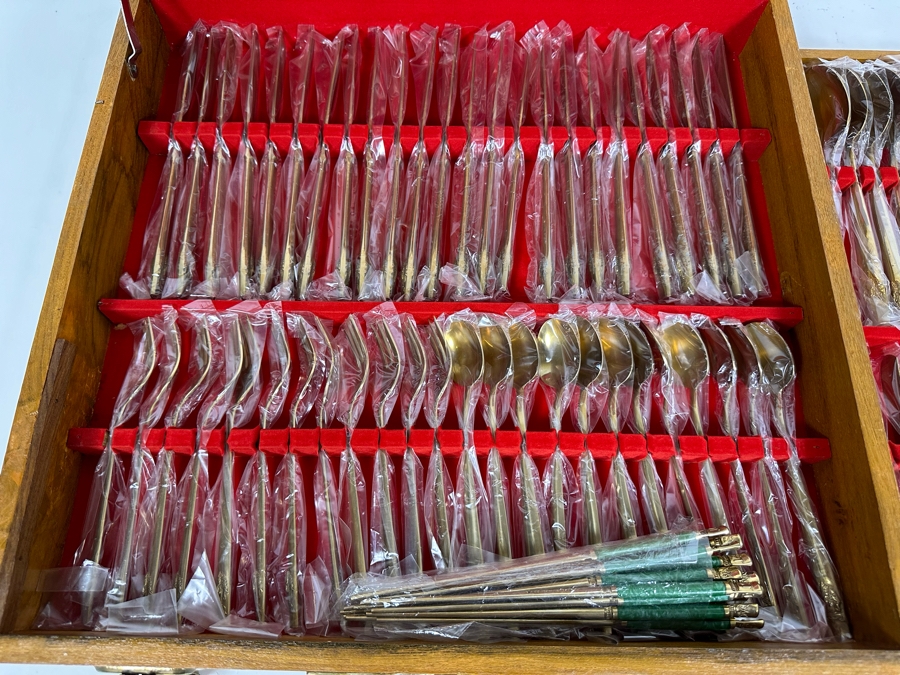 Huge Set Of Thailand Brass Bronze Flatware All New / Sealed Except Ones Shown In Photos With Wooden Storage Box - 122 Pieces 18.5W X 18D X 4H [Photo 7]