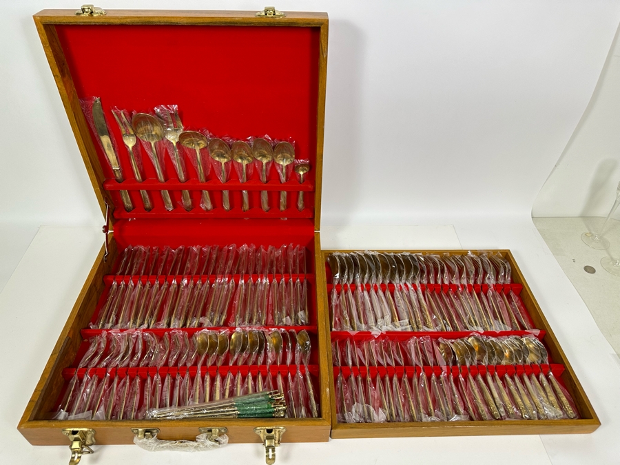 Huge Set Of Thailand Brass Bronze Flatware All New / Sealed Except Ones Shown In Photos With Wooden Storage Box - 122 Pieces 18.5W X 18D X 4H [Photo 4]