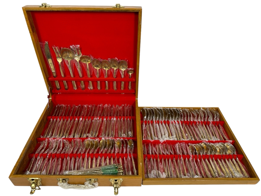 Huge Set Of Thailand Brass Bronze Flatware All New / Sealed Except Ones Shown In Photos With Wooden Storage Box - 122 Pieces 18.5W X 18D X 4H [Photo 2]