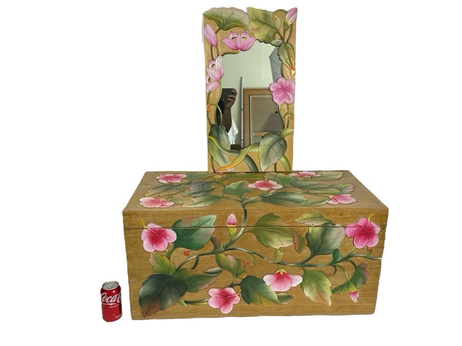 Vintage Indonesian Relief Carved Wooden Trunk 32W X 16D X 15H With Matching Mirror 13 X 24 [Photo 1]
