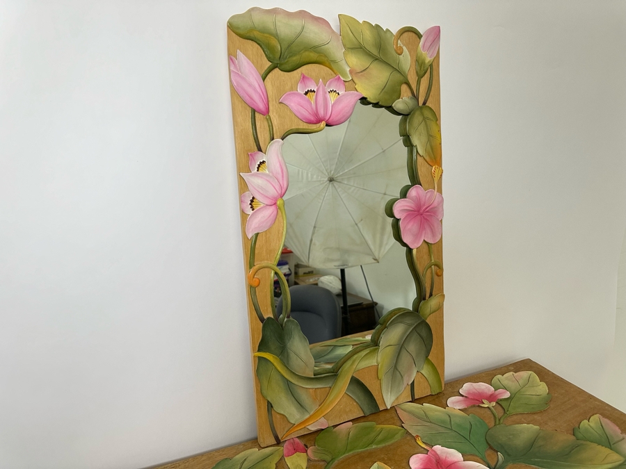 Vintage Indonesian Relief Carved Wooden Trunk 32W X 16D X 15H With Matching Mirror 13 X 24 [Photo 2]