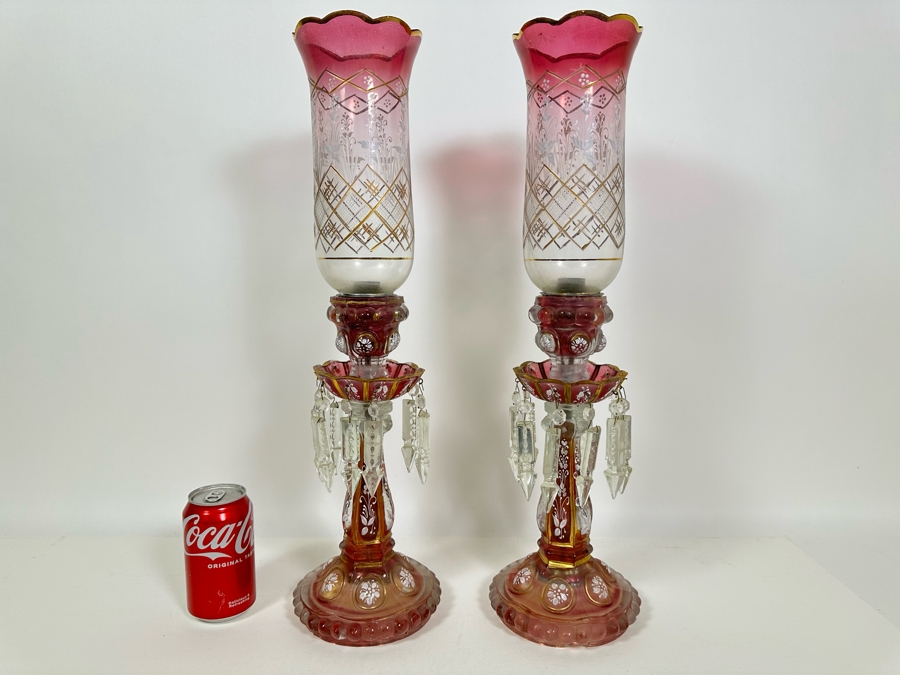 Antique Bohemian Cranberry Glass Lamps with Crystal Pendants [Photo 2]