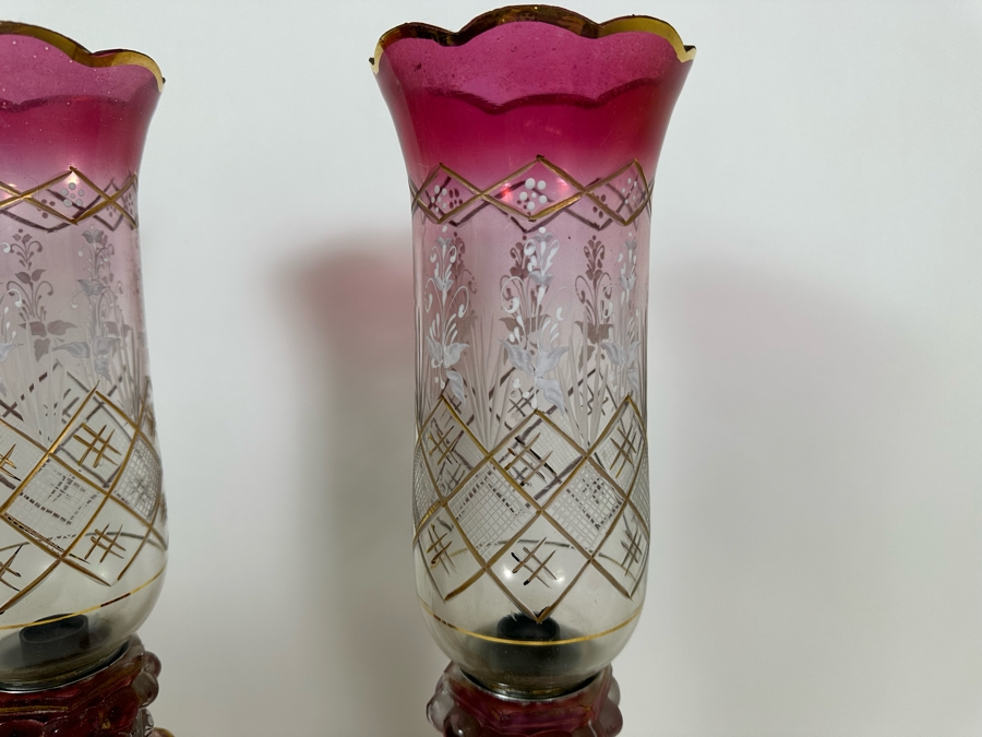 Antique Bohemian Cranberry Glass Lamps with Crystal Pendants [Photo 3]
