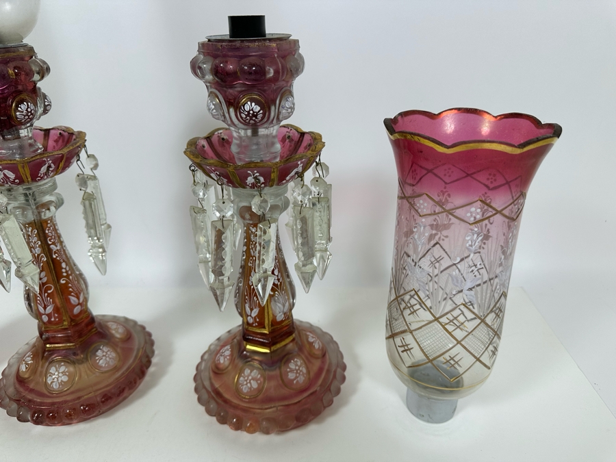 Antique Bohemian Cranberry Glass Lamps with Crystal Pendants [Photo 9]