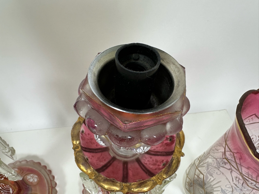 Antique Bohemian Cranberry Glass Lamps with Crystal Pendants [Photo 10]