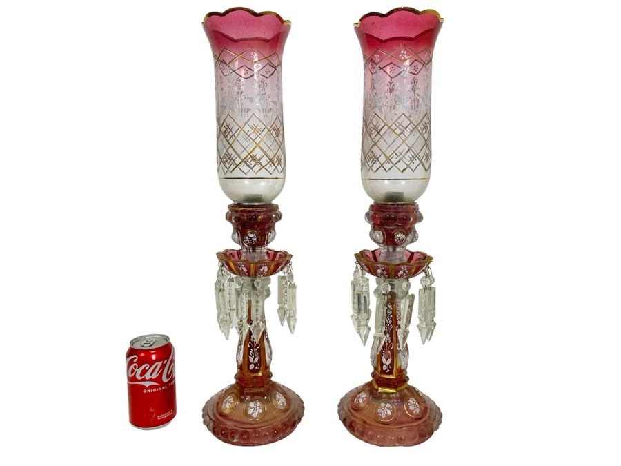 Antique Bohemian Cranberry Glass Lamps with Crystal Pendants [Photo 1]