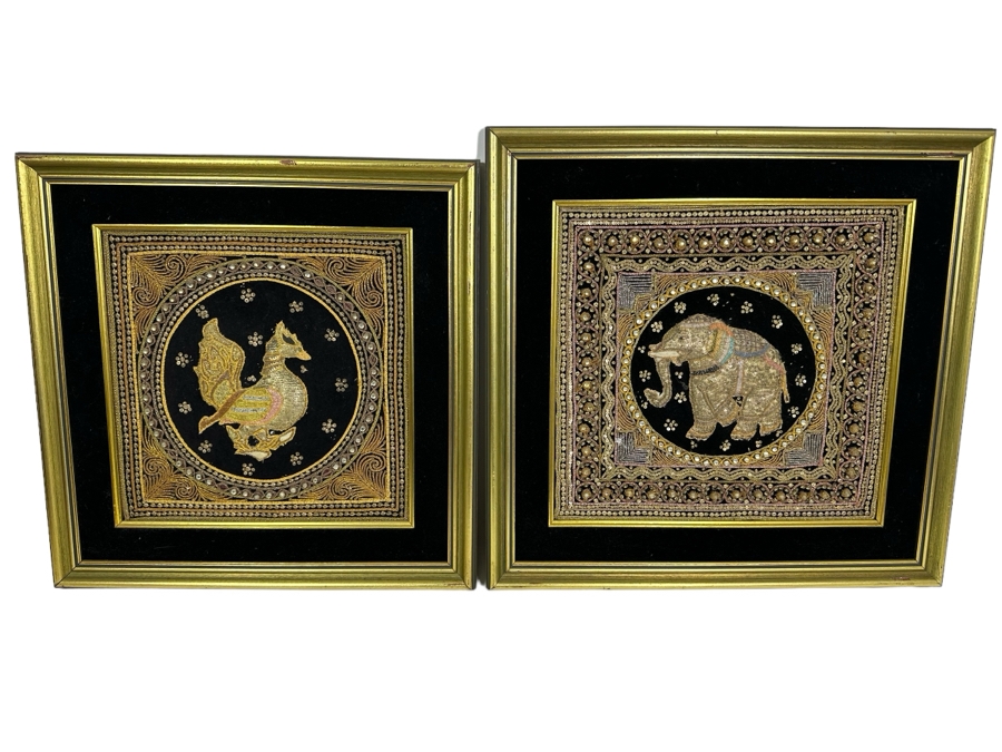 Pair Of Vintage Indian Embroideries Framed 22.5 X 22 / 20.5 X 20.5 [Photo 1]