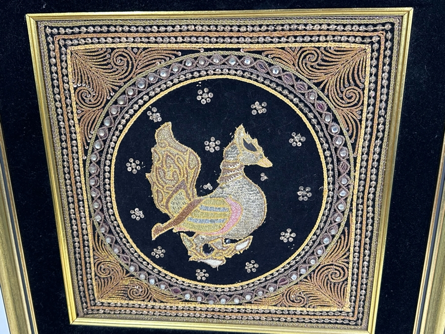 Pair Of Vintage Indian Embroideries Framed 22.5 X 22 / 20.5 X 20.5 [Photo 6]