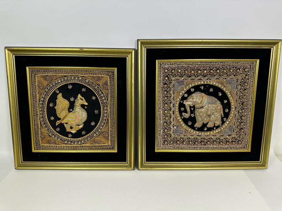 Pair Of Vintage Indian Embroideries Framed 22.5 X 22 / 20.5 X 20.5 [Photo 3]