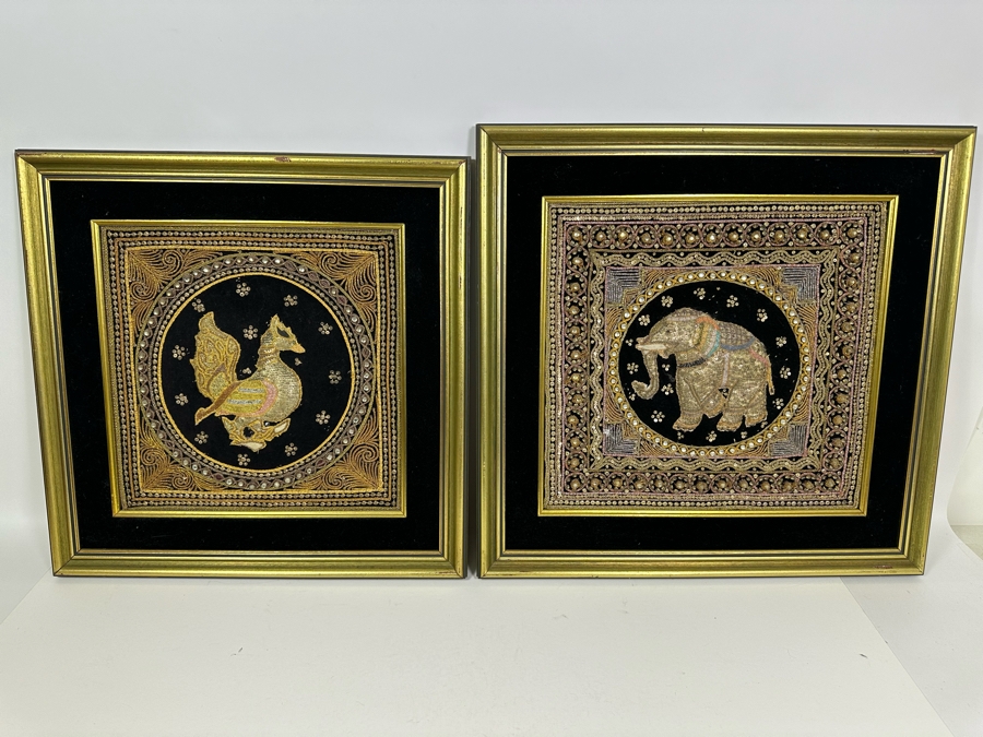 Pair Of Vintage Indian Embroideries Framed 22.5 X 22 / 20.5 X 20.5 [Photo 2]