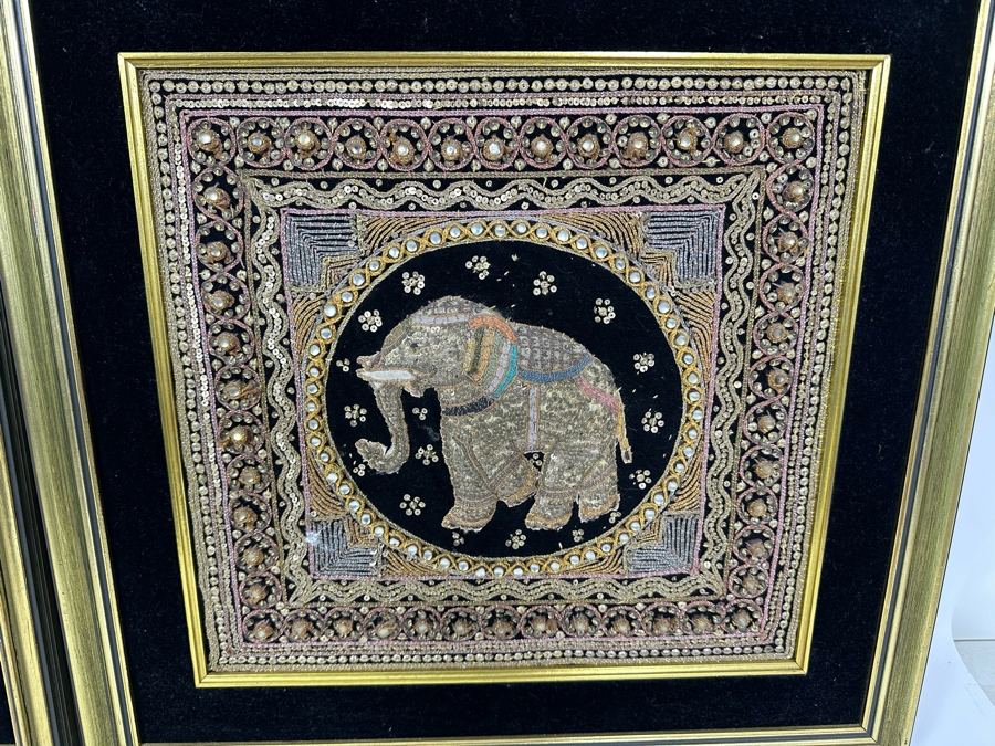 Pair Of Vintage Indian Embroideries Framed 22.5 X 22 / 20.5 X 20.5 [Photo 4]