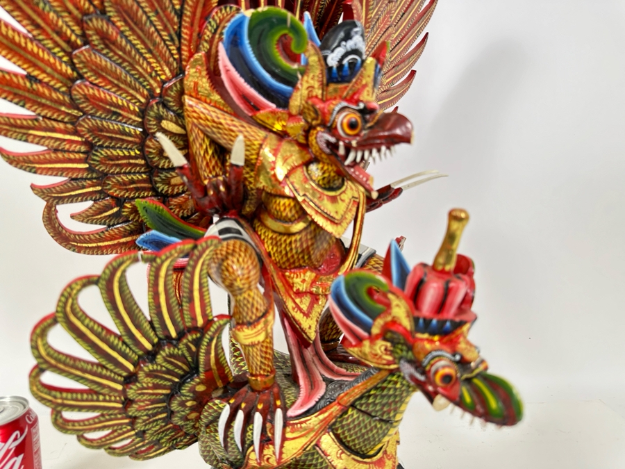 Vintage Balinese Indonesian Wooden Carved Hand Painted Sculpture Of Garuda 19W X 28H - See Photos For Several Chips [Photo 7]