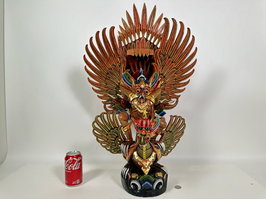 Vintage Balinese Indonesian Wooden Carved Hand Painted Sculpture Of Garuda 19W X 28H - See Photos For Several Chips [Photo 3]