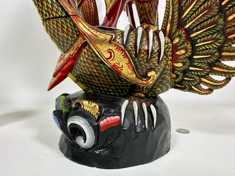 Vintage Balinese Indonesian Wooden Carved Hand Painted Sculpture Of Garuda 19W X 28H - See Photos For Several Chips [Photo 22]