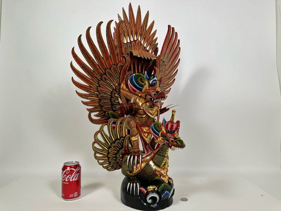 Vintage Balinese Indonesian Wooden Carved Hand Painted Sculpture Of Garuda 19W X 28H - See Photos For Several Chips [Photo 4]