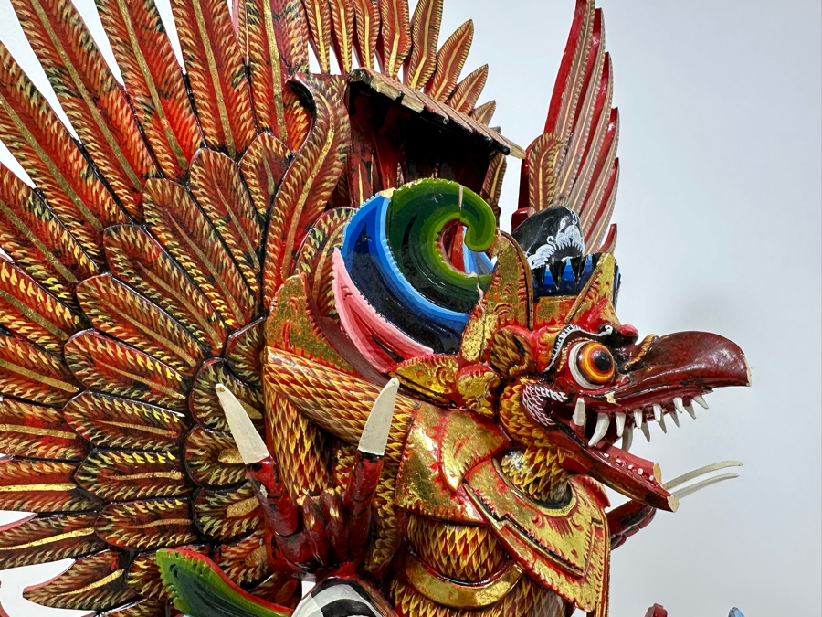 Vintage Balinese Indonesian Wooden Carved Hand Painted Sculpture Of Garuda 19W X 28H - See Photos For Several Chips [Photo 12]