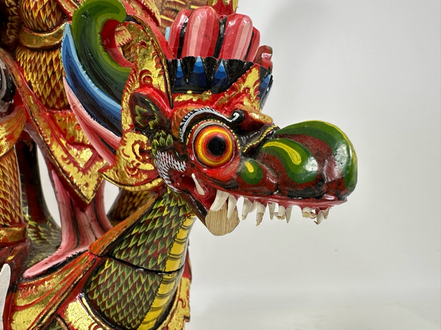 Vintage Balinese Indonesian Wooden Carved Hand Painted Sculpture Of Garuda 19W X 28H - See Photos For Several Chips [Photo 8]