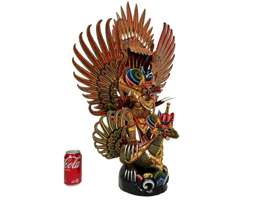 Vintage Balinese Indonesian Wooden Carved Hand Painted Sculpture Of Garuda 19W X 28H - See Photos For Several Chips