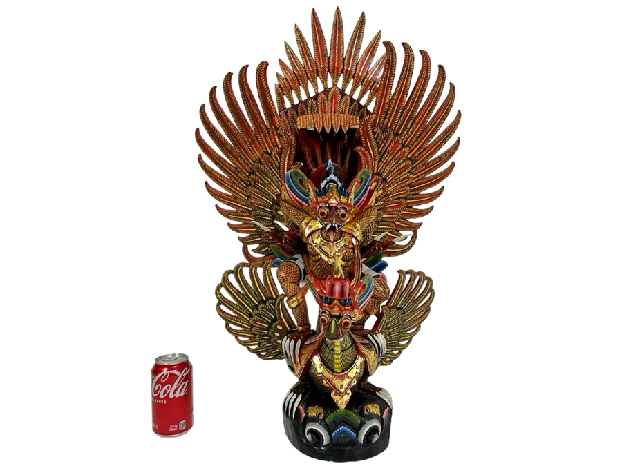 Vintage Balinese Indonesian Wooden Carved Hand Painted Sculpture Of Garuda 19W X 28H - See Photos For Several Chips [Photo 2]