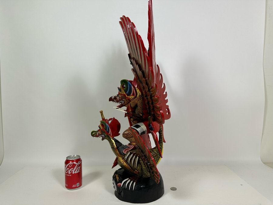 Vintage Balinese Indonesian Wooden Carved Hand Painted Sculpture Of Garuda 19W X 28H - See Photos For Several Chips [Photo 18]