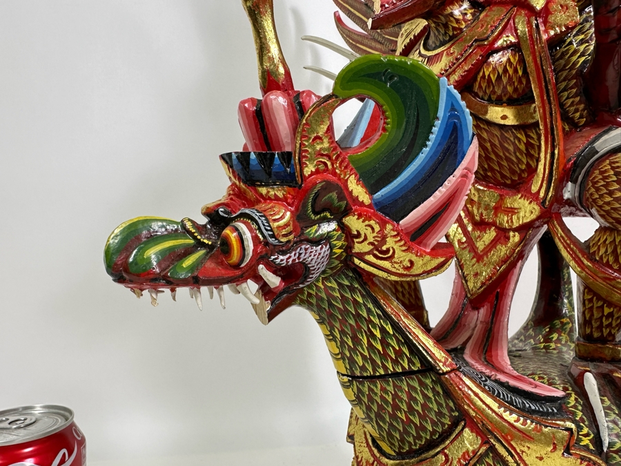 Vintage Balinese Indonesian Wooden Carved Hand Painted Sculpture Of Garuda 19W X 28H - See Photos For Several Chips [Photo 21]
