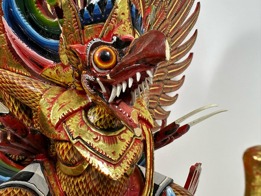 Vintage Balinese Indonesian Wooden Carved Hand Painted Sculpture Of Garuda 19W X 28H - See Photos For Several Chips [Photo 11]