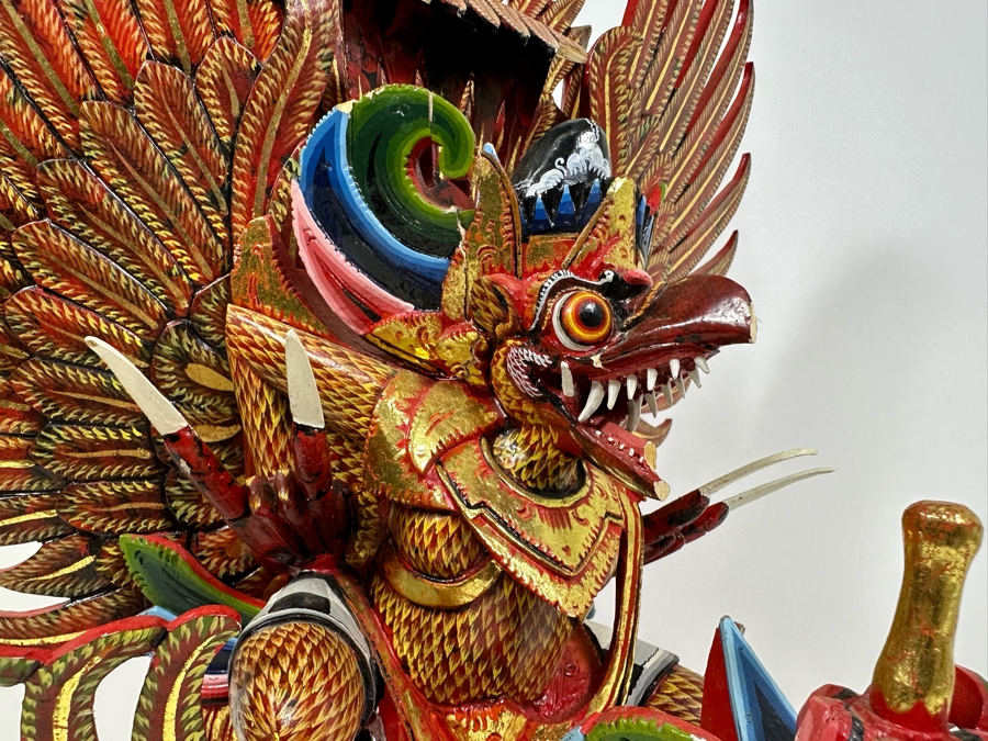 Vintage Balinese Indonesian Wooden Carved Hand Painted Sculpture Of Garuda 19W X 28H - See Photos For Several Chips [Photo 10]