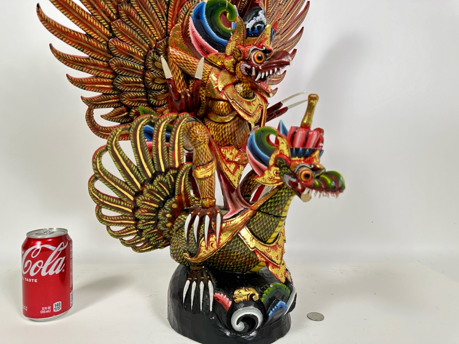 Vintage Balinese Indonesian Wooden Carved Hand Painted Sculpture Of Garuda 19W X 28H - See Photos For Several Chips [Photo 6]