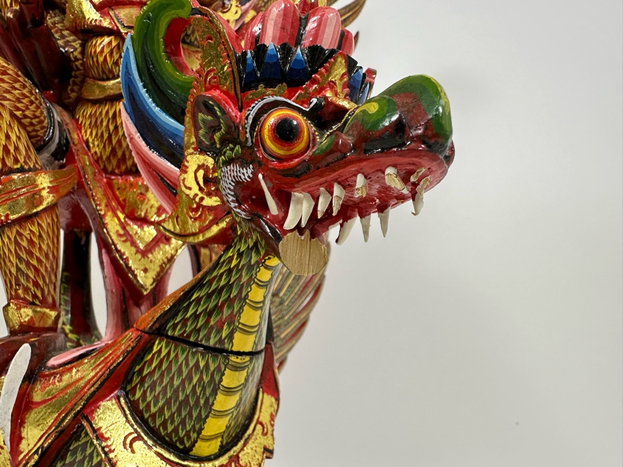 Vintage Balinese Indonesian Wooden Carved Hand Painted Sculpture Of Garuda 19W X 28H - See Photos For Several Chips [Photo 9]