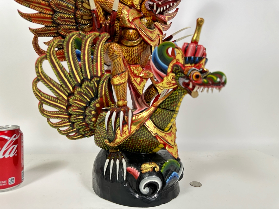 Vintage Balinese Indonesian Wooden Carved Hand Painted Sculpture Of Garuda 19W X 28H - See Photos For Several Chips [Photo 5]