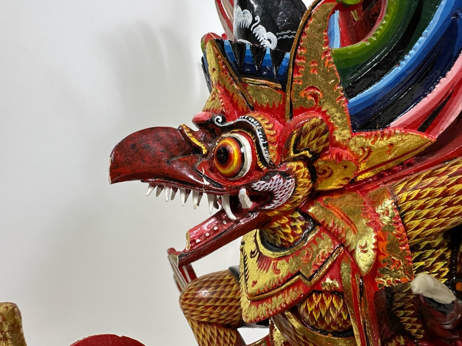 Vintage Balinese Indonesian Wooden Carved Hand Painted Sculpture Of Garuda 19W X 28H - See Photos For Several Chips [Photo 19]