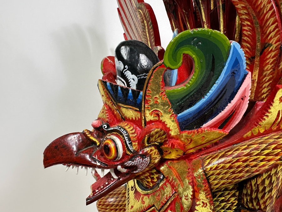 Vintage Balinese Indonesian Wooden Carved Hand Painted Sculpture Of Garuda 19W X 28H - See Photos For Several Chips [Photo 20]