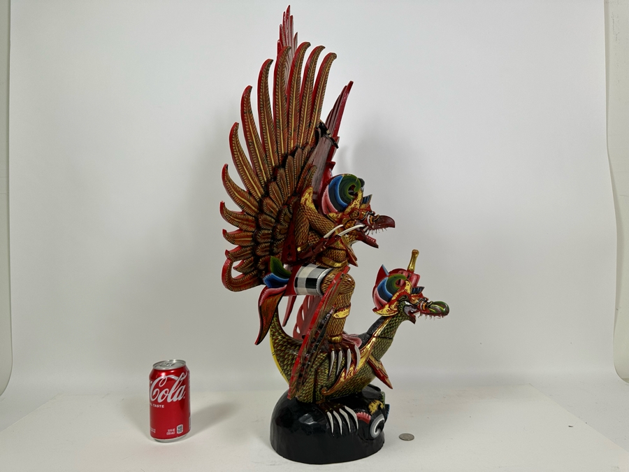 Vintage Balinese Indonesian Wooden Carved Hand Painted Sculpture Of Garuda 19W X 28H - See Photos For Several Chips [Photo 14]