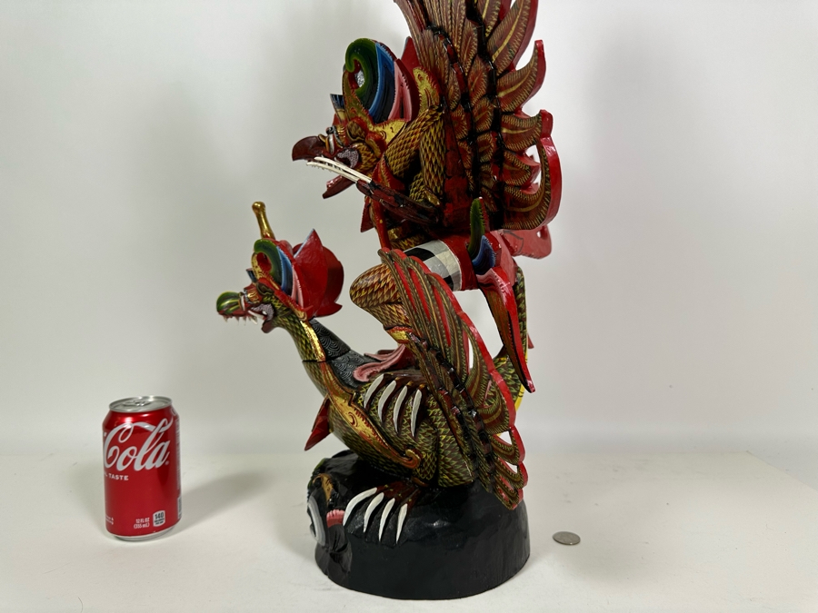 Vintage Balinese Indonesian Wooden Carved Hand Painted Sculpture Of Garuda 19W X 28H - See Photos For Several Chips [Photo 17]