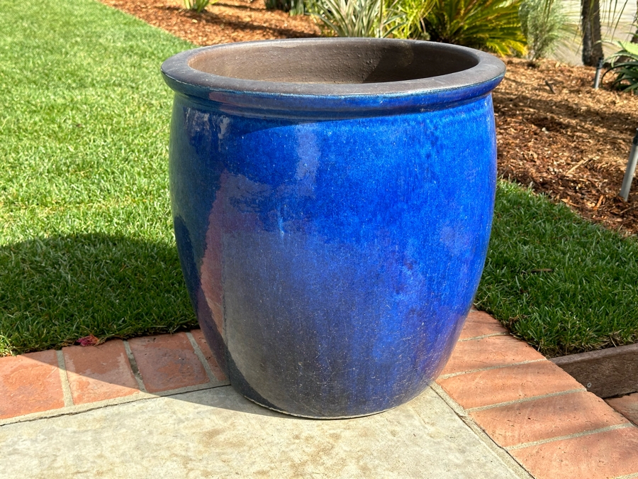 Large Blue Glazed Outdoor Flower Pot 19W X 19H