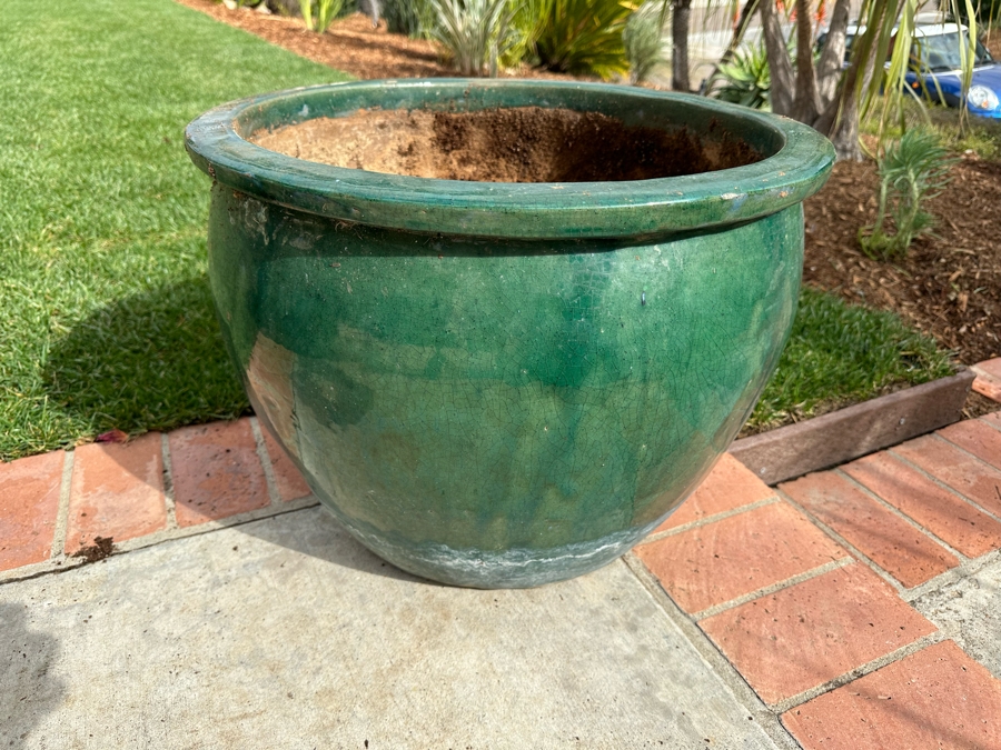 Large Green Glazed Outdoor Flower Pot 21W X 16H