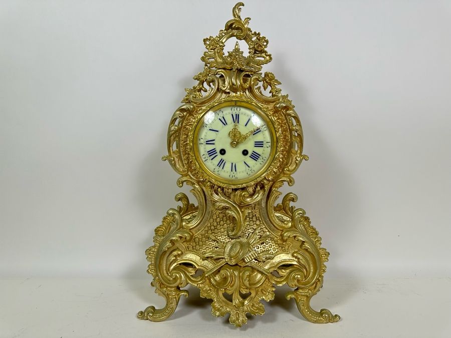 French Gilt Metal Mantel Clock - Seems To Run Fast - Needs Servicing 13.5W X 21.5H [Photo 3]