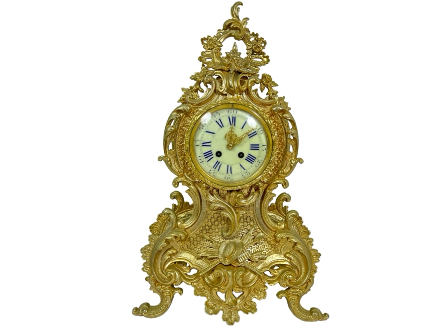 French Gilt Metal Mantel Clock - Seems To Run Fast - Needs Servicing 13.5W X 21.5H