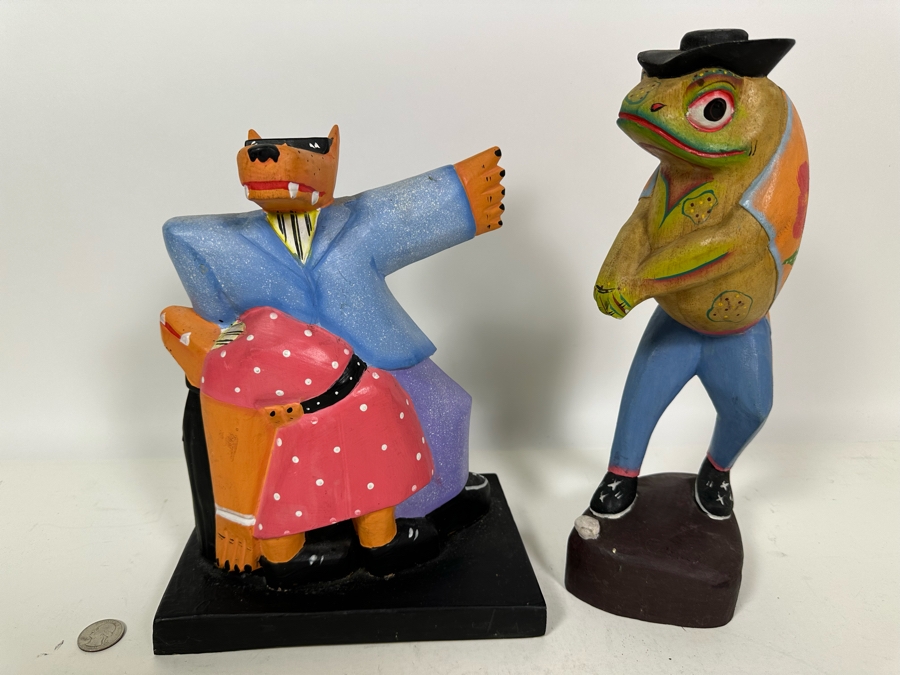 Pair Of Vintage Wooden Hand Painted Figurines 11H & 12.5H [Photo 2]