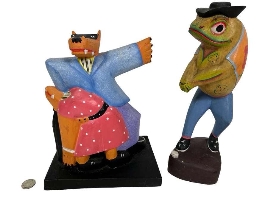 Pair Of Vintage Wooden Hand Painted Figurines 11H & 12.5H