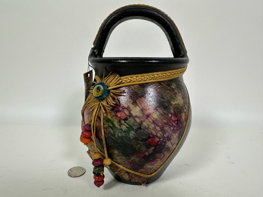 Studio Mixed-Media Art Pottery Handled Pot With Original Artisan Tags 9H [Photo 3]