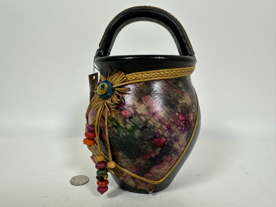 Studio Mixed-Media Art Pottery Handled Pot With Original Artisan Tags 9H [Photo 2]