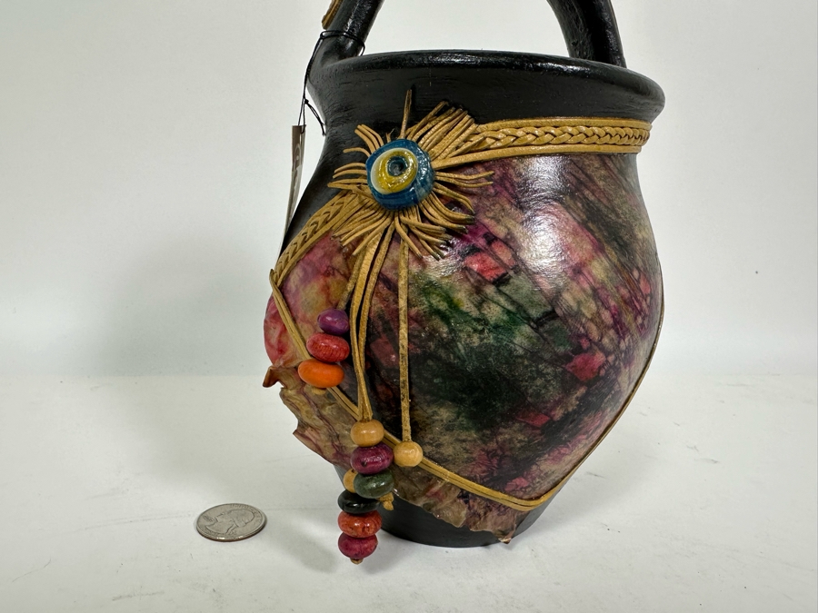 Studio Mixed-Media Art Pottery Handled Pot With Original Artisan Tags 9H [Photo 4]