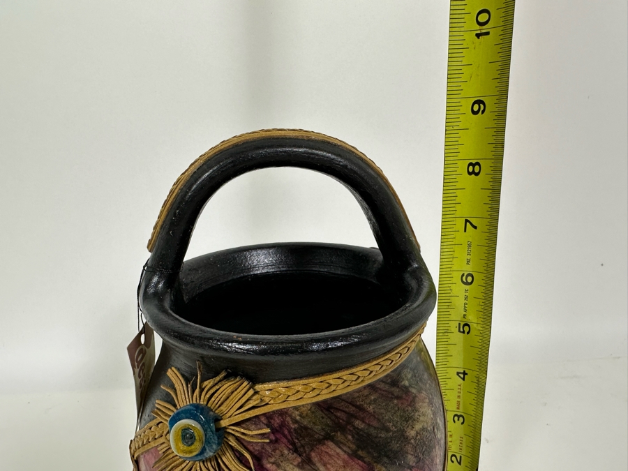 Studio Mixed-Media Art Pottery Handled Pot With Original Artisan Tags 9H [Photo 10]