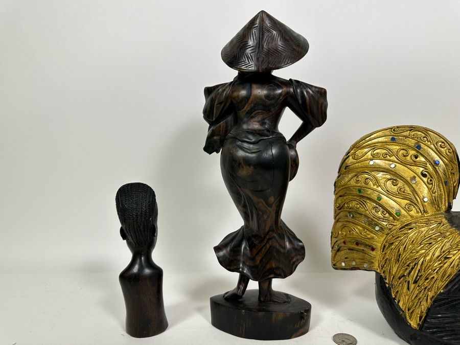 Carved Wooden Rooster From Thailand 9H (R), Carved Wooden Sculpture 14H (M) And Carved Wooden African Bust 7H (L) [Photo 11]